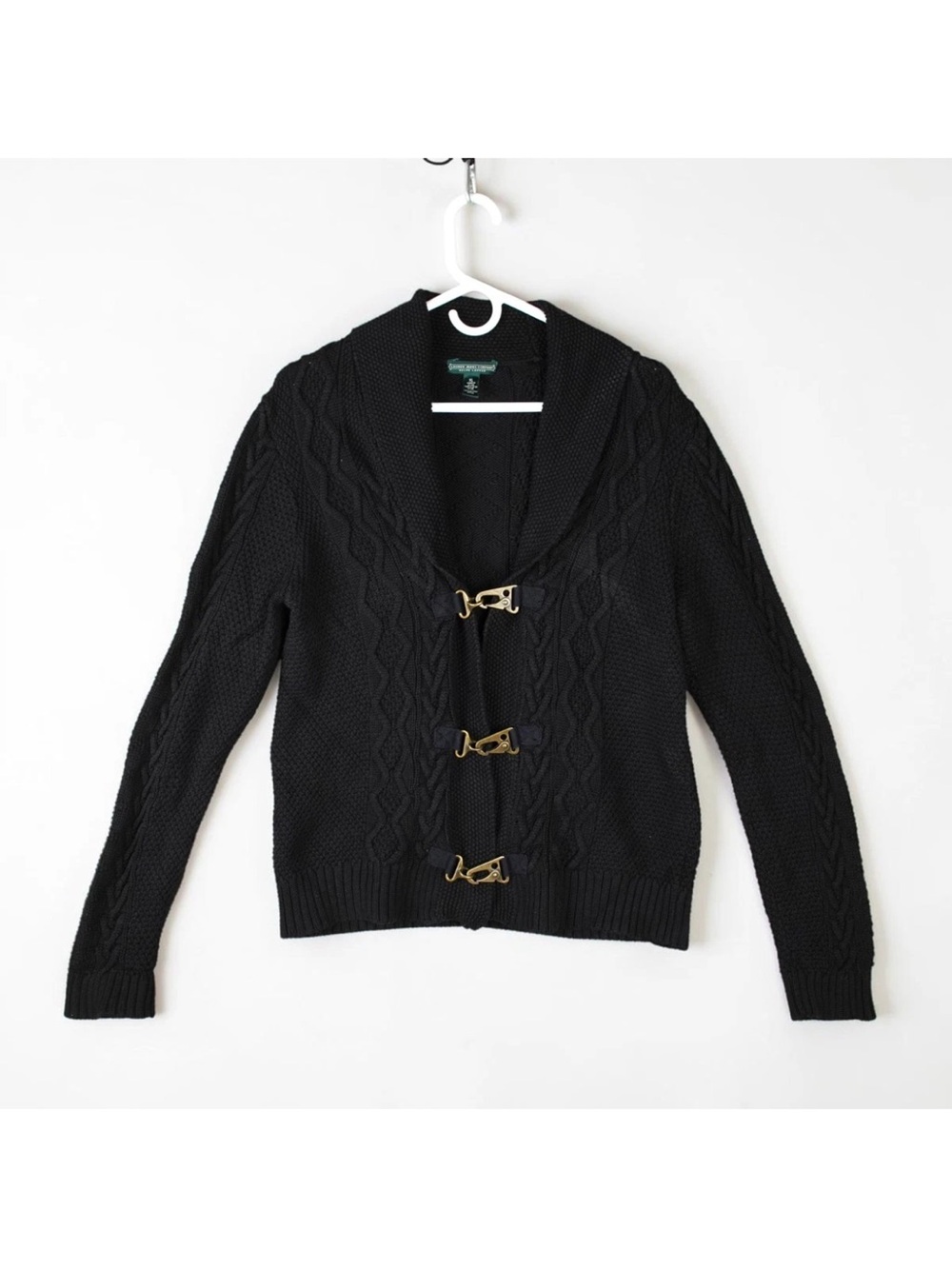 Lauren Ralph Lauren Cable Knit Shawl Karabin Cardigan Sweater Women Sz XL Black